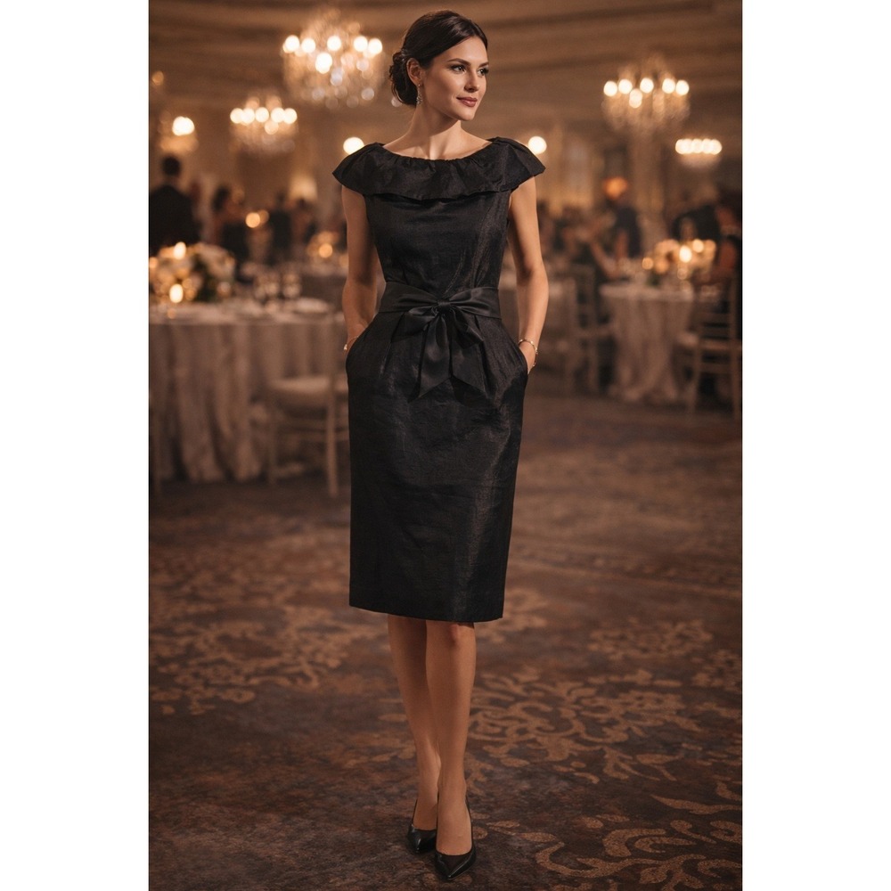 David Meister Black‎ Satin Bow Midi Dress Black Size 6